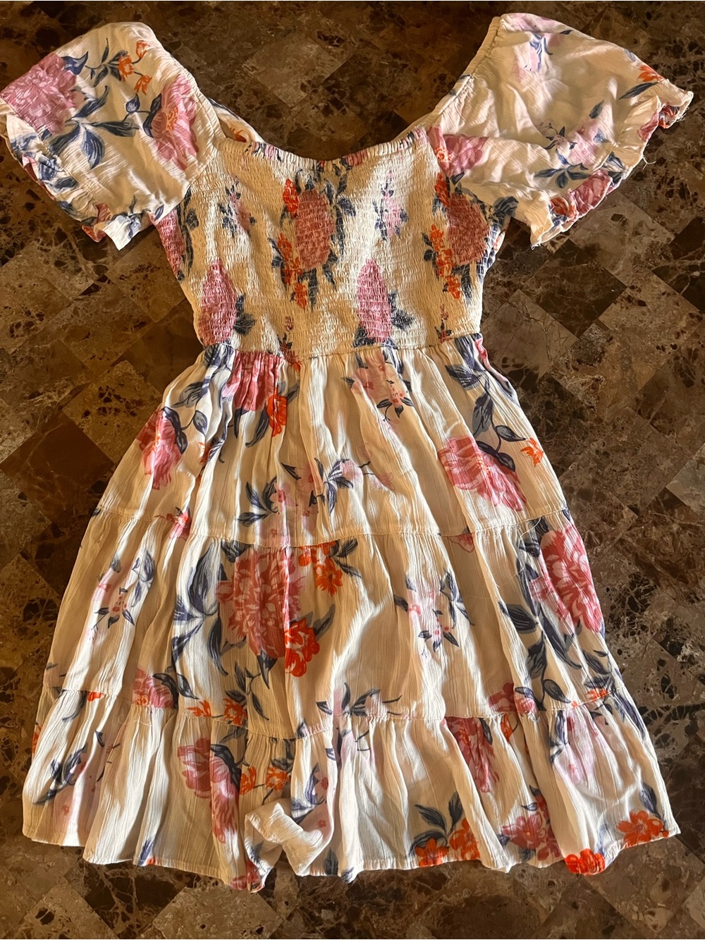Angie Cream Floral Tiered Dress with Pink & Orange Blooms - Picture 4 of 4